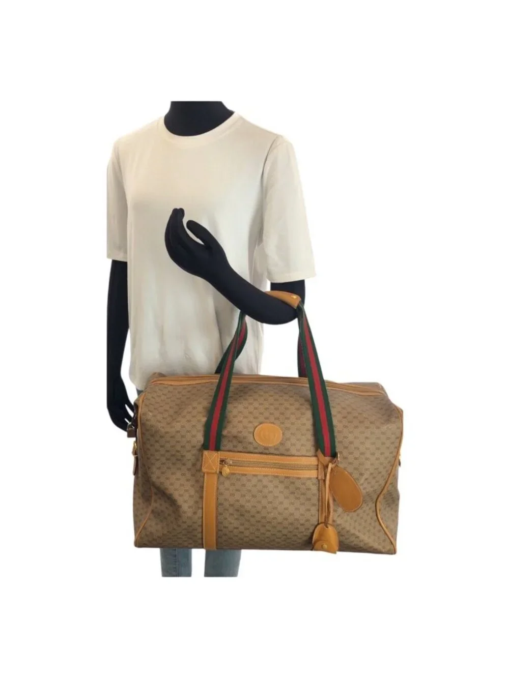 Gucci Vintage Sherry Line Micro GG Beige Gold Leather Boston